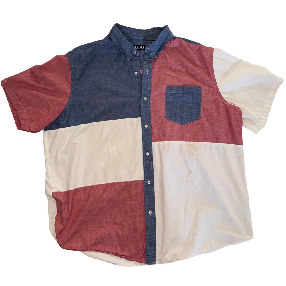 CHAPS 3XL Red white and blue denim chambray short sleeve collared button up.